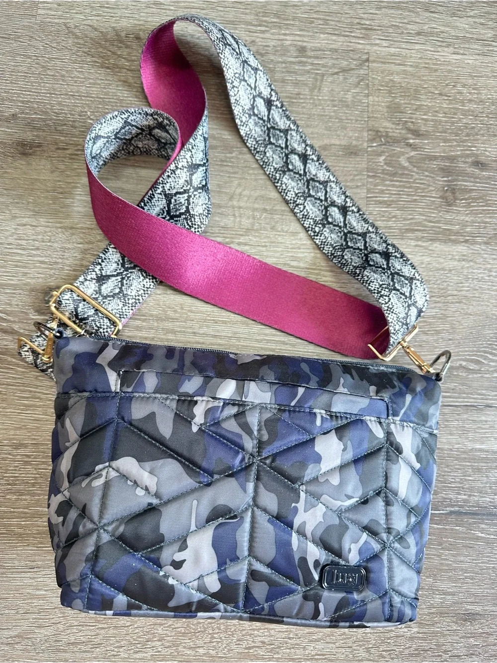 lug Blue Camo Crossbody with Pink & Snake-Print Strap